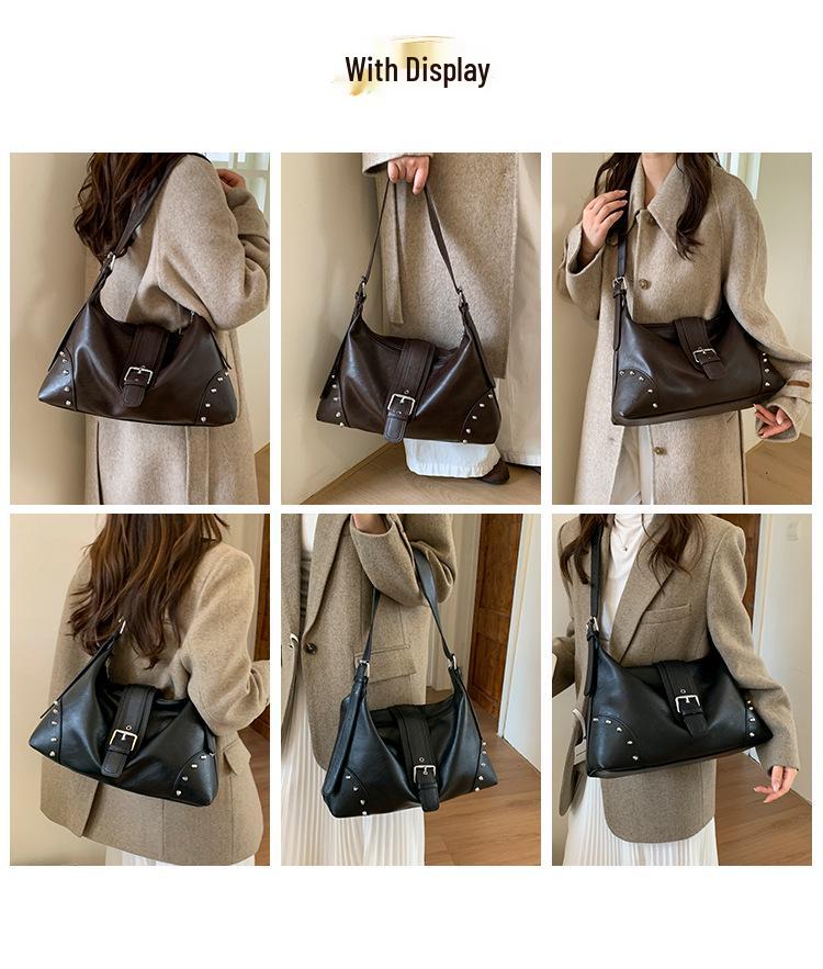 Women's Cross-Border Retro Motorcycle Bag with Rivet Decor & Belt Buckle - Stylish Single Shoulder Underarm Handbag