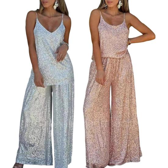 Women Sequin Two Piece Outfit Sleeveless Cami Scoop Neck Top Wide-leg Pants