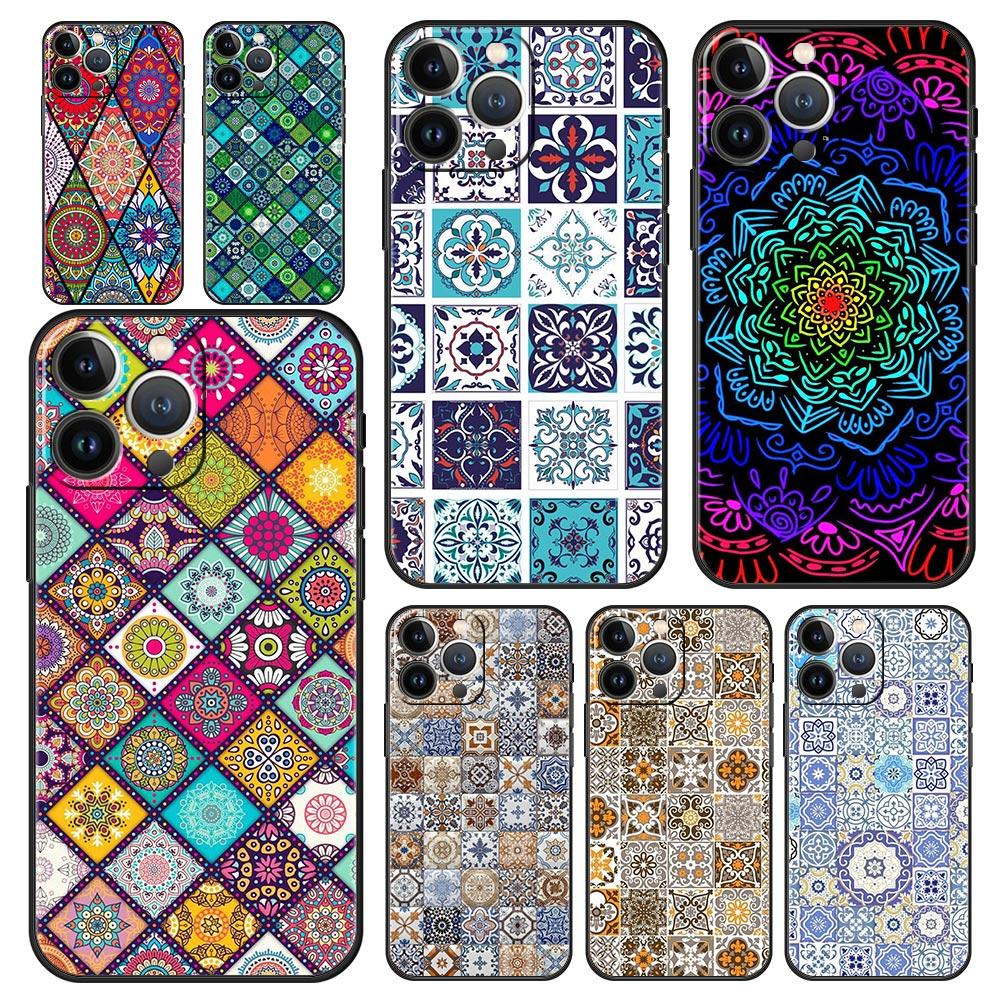 Mandala flower totem Luxury Phone Case For iPhone 13 15 14 12 11 Pro MAX XR X SE XS 7 8 Plus Silicone Black Protection Cover