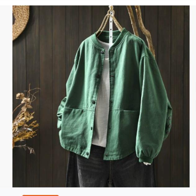 Autumn Cotton Baseball Collar Short Jacket Women's Loose and Thin Casual Double-pocket Jacket Cardigan Top
