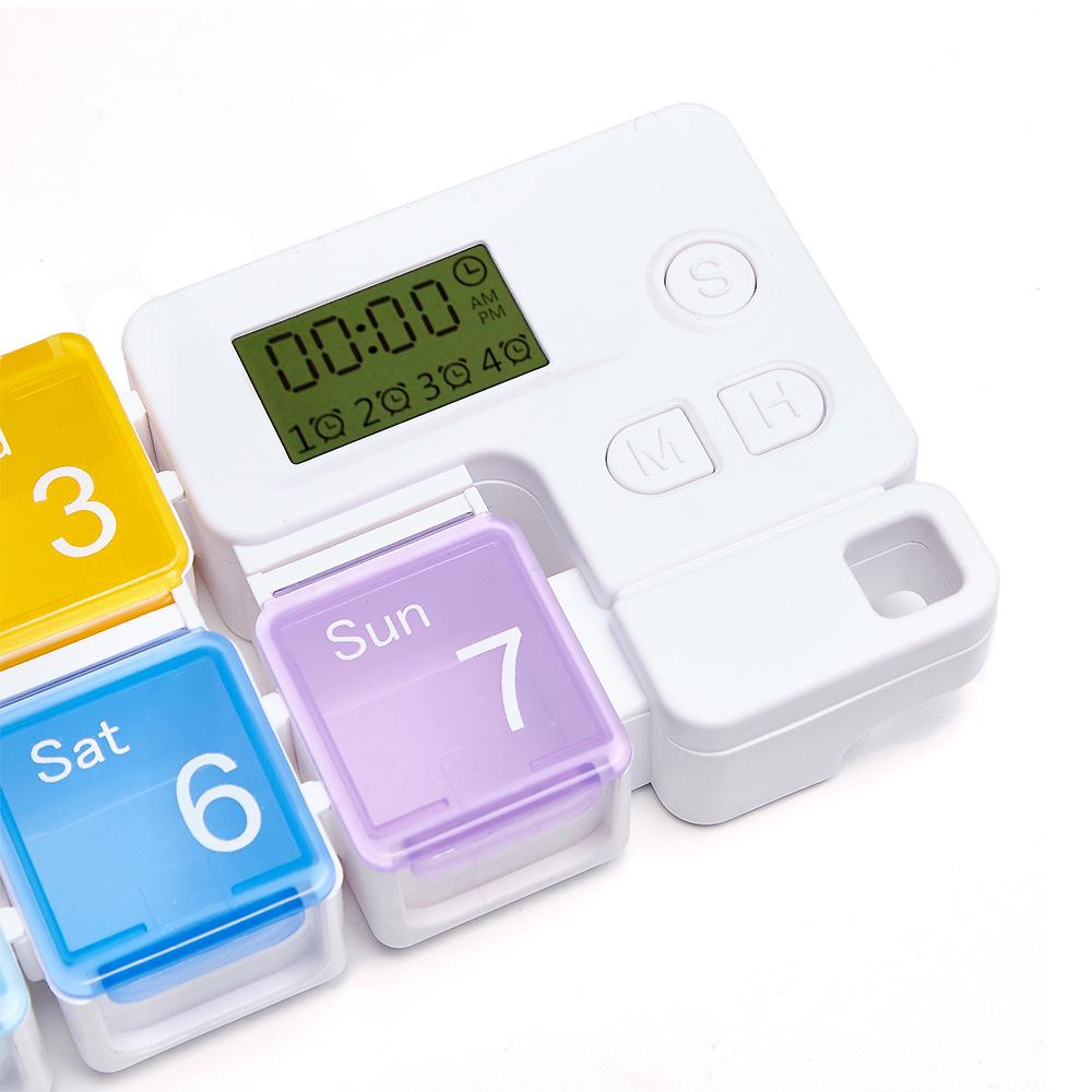 Square Plastic Pill Box with Timer - 7 Compartment Weekly Organizer & Electronic Reminder, Portable Dispenser