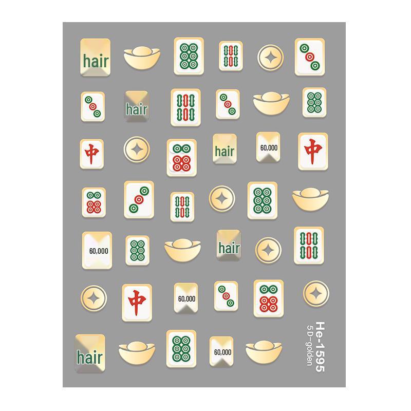 Redanco5D Embossed Cartoon Mahjong 3D Nail Art Stickers - Red Zhong Fa Cai Design (He1600)