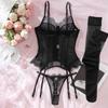Women's Romantic Floral Sheer Eyelash Lace 3 Piece Lingerie Set with Push-up Boned Corset Garter Belt Thong Thigh High Stockings