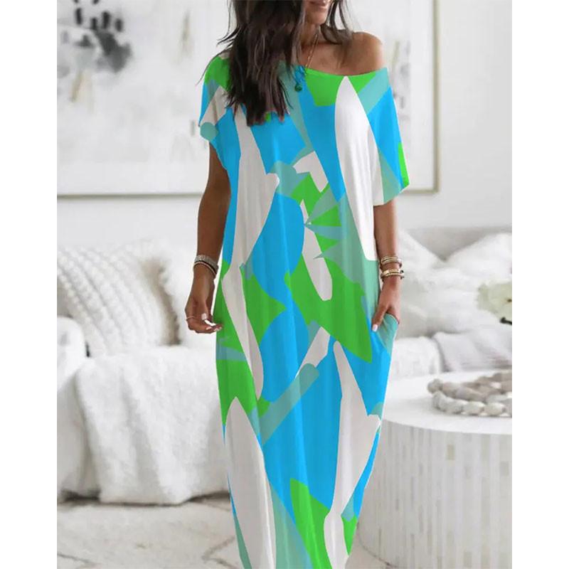 2024 Summer New European and American Women's Fashion Round Neck Short Sleeves Printing Loose Long Dress