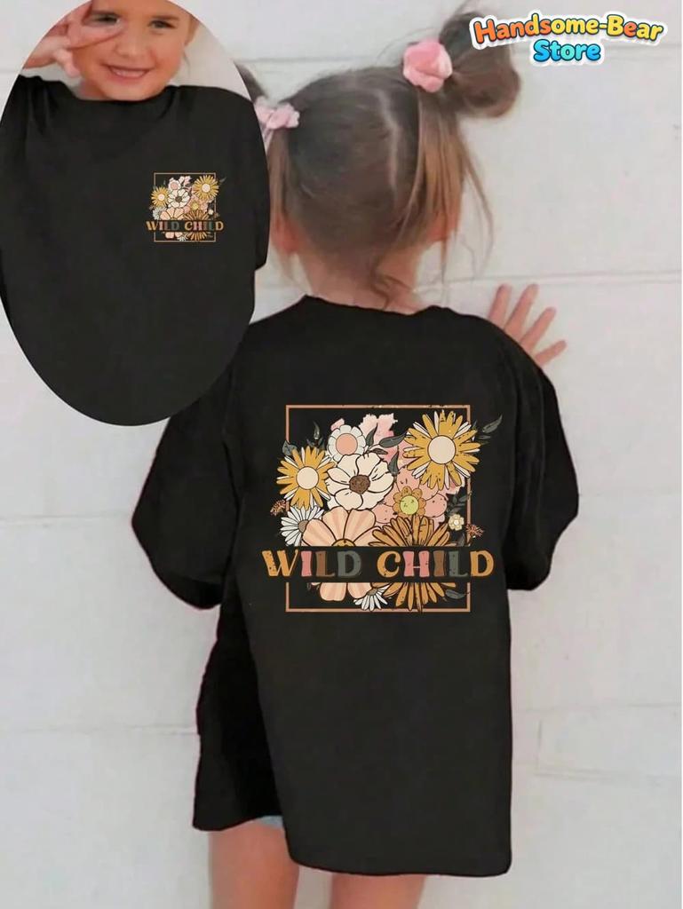 Boho Wildflower Happiness Blooms from Within Girls T-Shirt Summer Kids Short Sleeve Streetwear Casual Round Neck Girls Clothes
