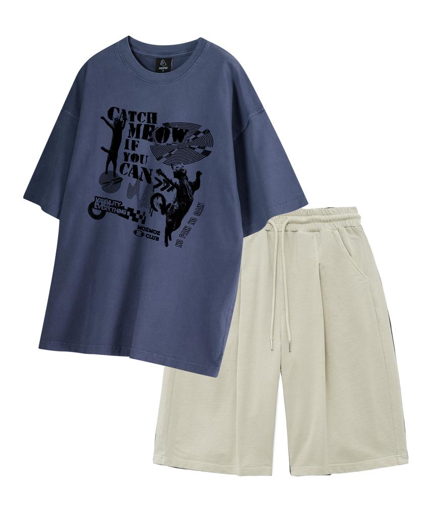 MOZMOZ [Set] Dancing Cat Pigment Short Sleeve + Pigment Wide Single-Pleat Shorts Set-Up