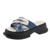 Thick Soled Slippers for Women Summer Chain Denim Chunky Heel Fashion Cross Slides Open Toe Outdoor Beach Woman Walking Slides