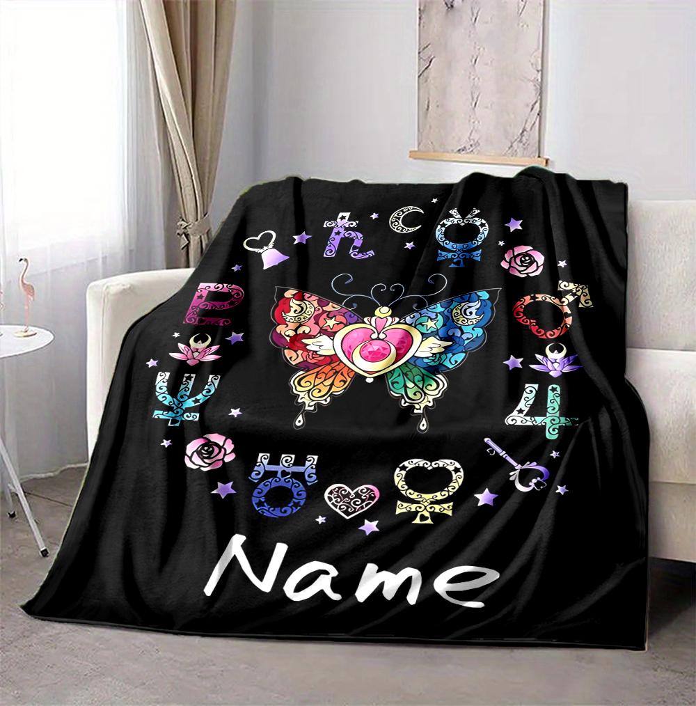 Custom Name Butterfly Symbols Flannel Blanket Throw Blanket Soft Warm Sofa Bed home Decor Unique Gift