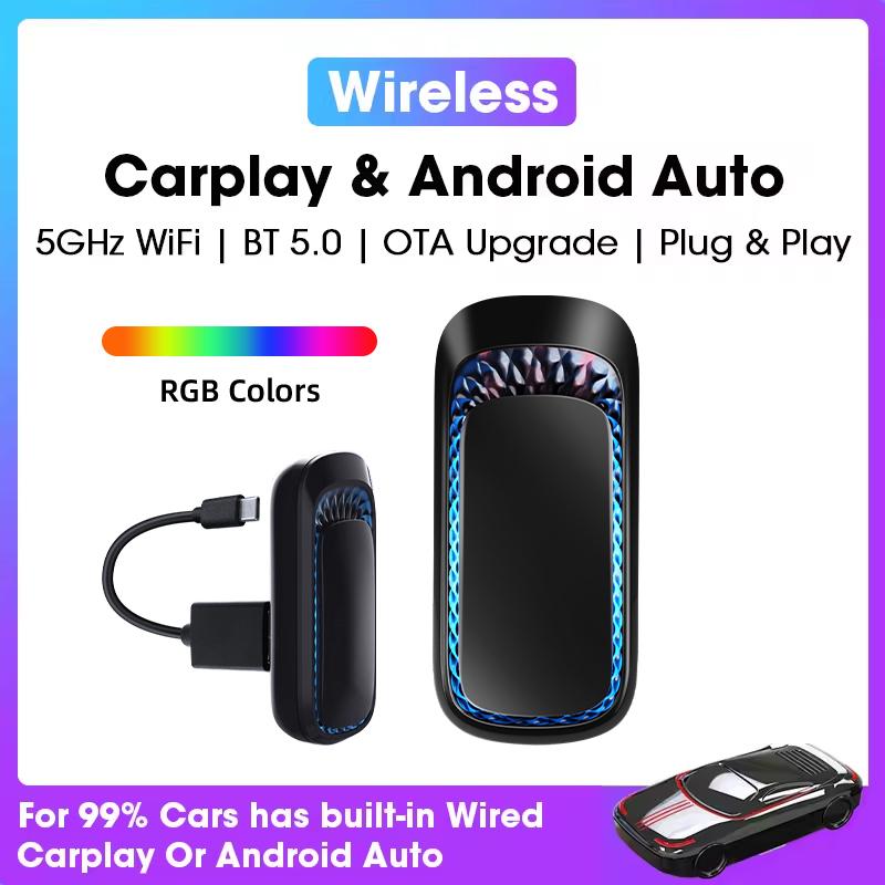 

Car AiBOX RGB Colorful Wireless Carplay and Android Auto Mini Smart Box Bluetooth WiFi Auto Connect For Wired Apple Carplay Cars чёрный