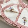 Girls Spring Autumn Long Cardigan with Floral Embroidery Ruffled Collar and A-Line Silhouette