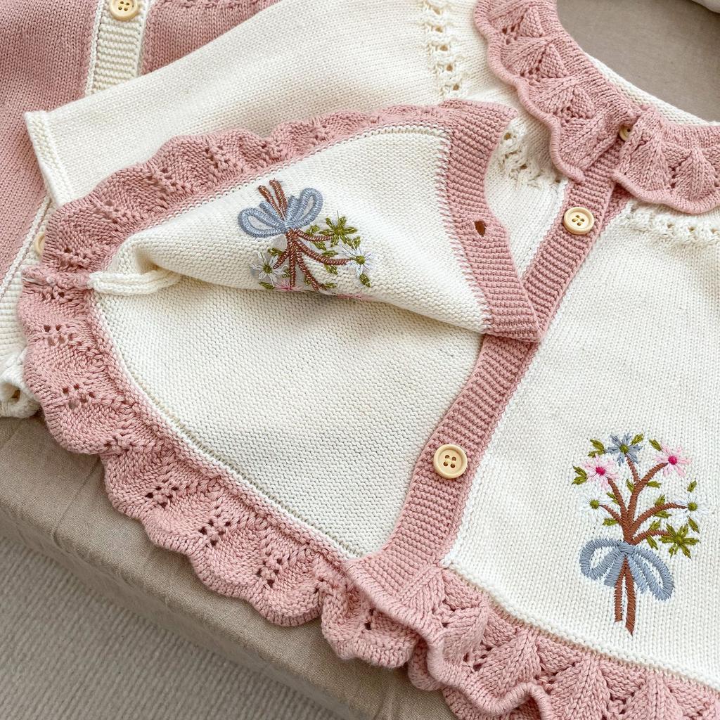 Girls Spring Autumn Long Cardigan with Floral Embroidery Ruffled Collar and A-Line Silhouette
