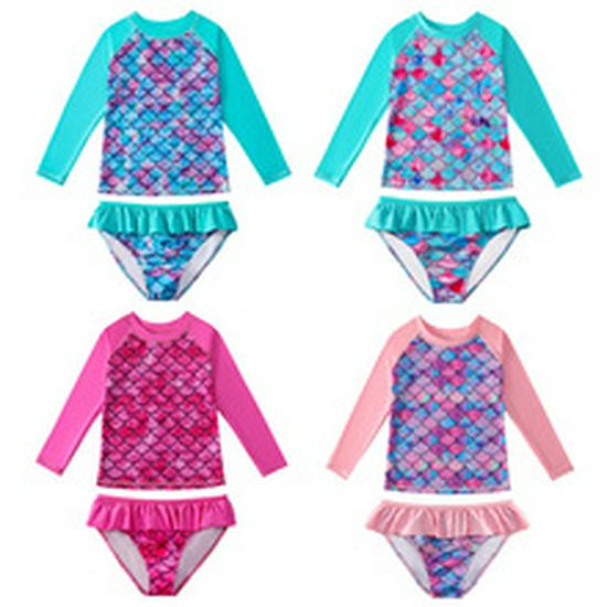 Girls' Long-Sleeve Mermaid One-Piece Swimsuit - Quick-Dry, Sun Protection
