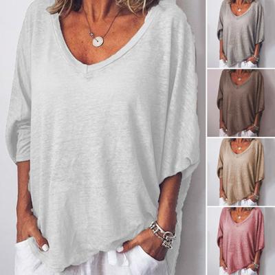 Kadın Tişört V Yaka 3/4 Yarasa Kol Kazak Üstler Düz Renk Bol Kesim İnce Tişörtler Nefes Alabilen Hafif Tişörtler