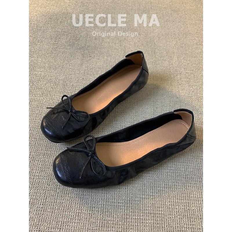 Rindslederversion Retro Flachmund Einzelne Schuhe Damen Leder Flachboden Vielseitige Schleife Abendschuhe Superweiche Eierrollen Ballerinas