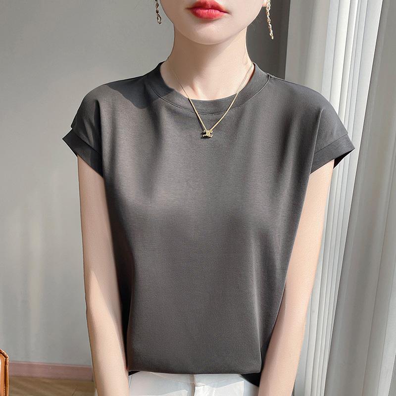 Mercerized Cotton O-neck T-shirt Summer Solid Color Sleeve Top Casual and Comfortable Short-sleeved Women's Clothes