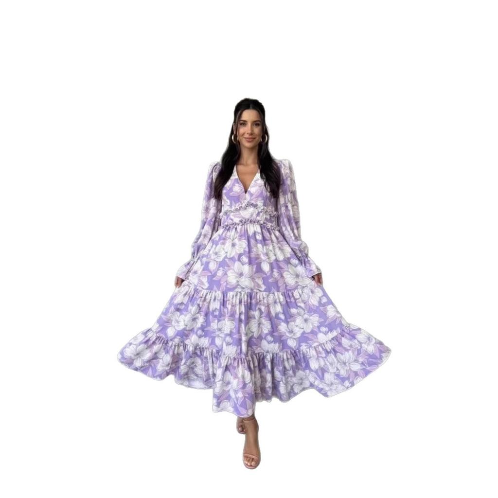 Women's Floral Boho Long Sleeve Maxi Dress V Neck Waist Swing Flowy Wedding Guest Dress Lightweight Maxi Spring Summer Party Boho Dresses for Women