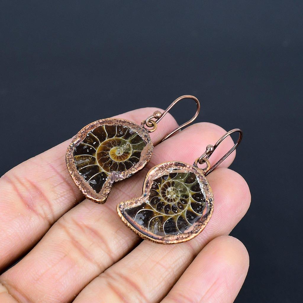 Ammonite Fossil Earrings Gemstone Jewelry, Copper Electroformed Earrings, Gift For Women Handmade Earrings