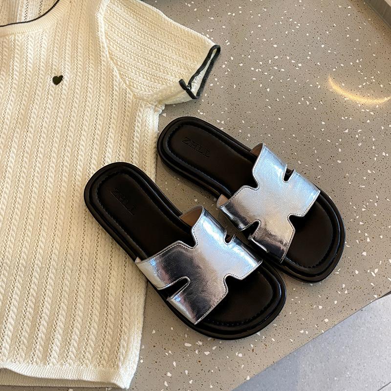 - Retro flat-bottomed one-word slippers outer wear women s shoes soft-soled casual beach cool slippers widened large-size women s shoes 35