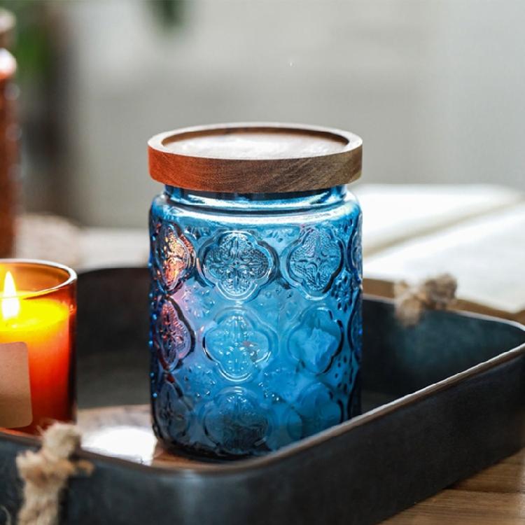 Retro Stijlen Glazen Snoeppot Canister SStorage Container Embossed Luchtdicht Houten Deksel Voor Huisdecoratie