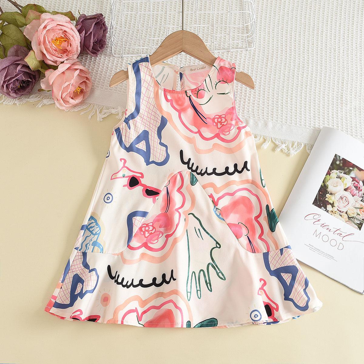 Girls Summer Art Graffiti Sleeveless Vest Dress Cartoon Print Dress for Toddler Baby 100cm