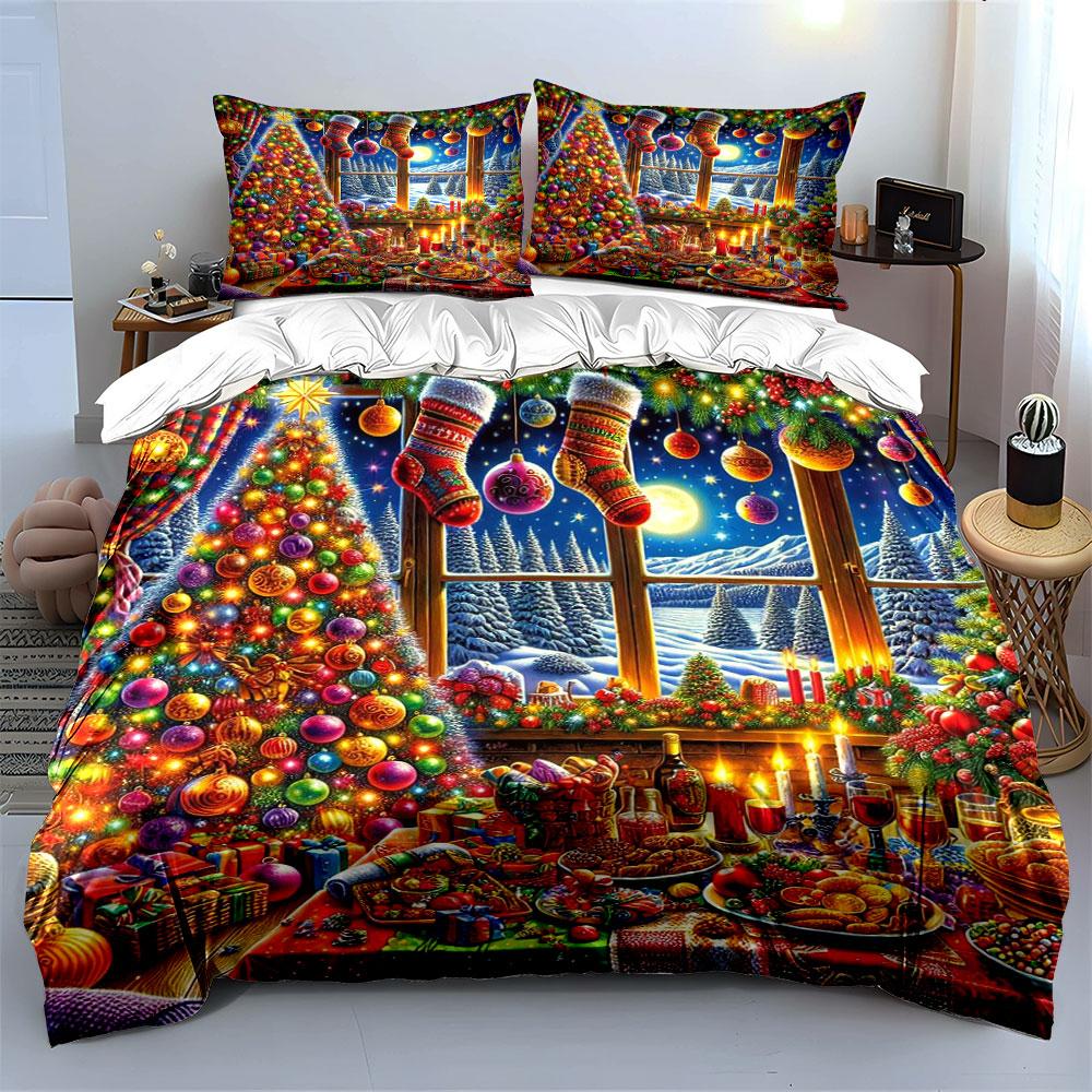 Christmas Decor and Feast Scene Bedding Duvet Cover Set Duvet Cover Pillowcases (1*Duvet Cover 2*Pillowcases, Without Duvet Insert)