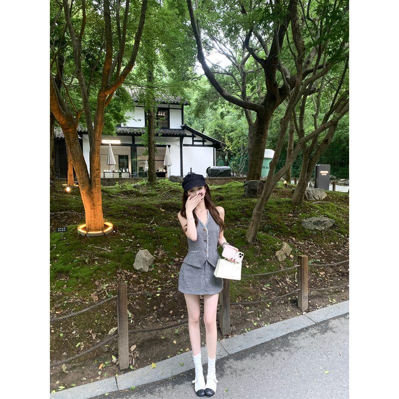 Kumikumi Graceful Set Gray Single Breasted Vest Vest Women clothes Summer Sheath Skirt Two-piece Set