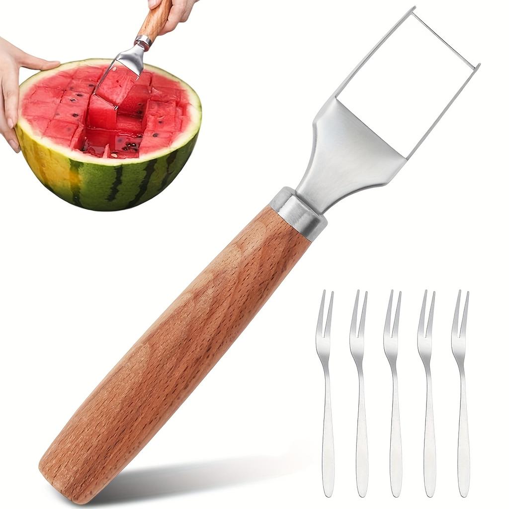 D5 Watermelon Cutter with 5 Forks, Stainless Steel Watermelon Slicer with Beechwood Handle, BBQ Cutting Tool Fruit Fork Cutter