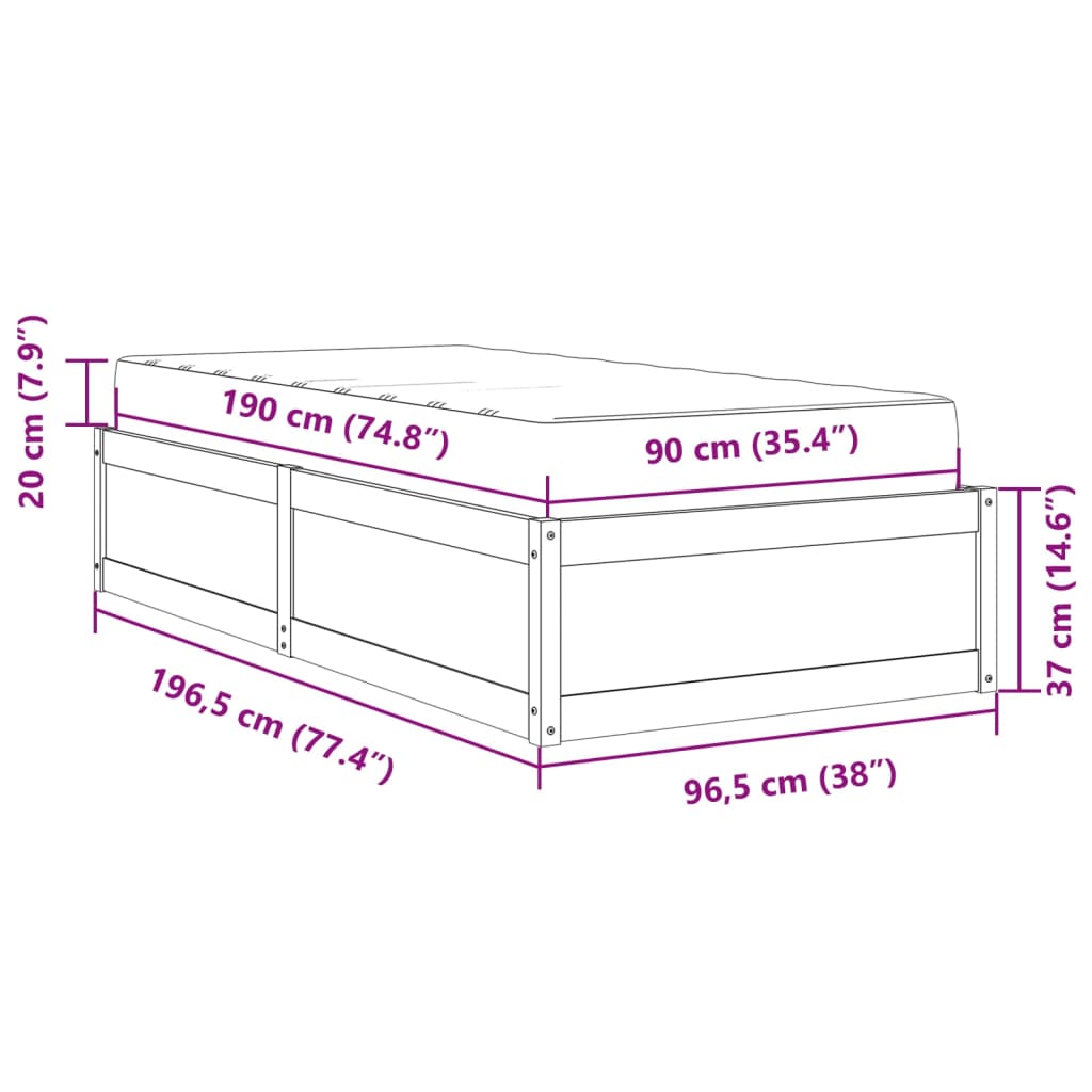 Bed with Mattress 90 X 190 Cm Solid Pine Wood