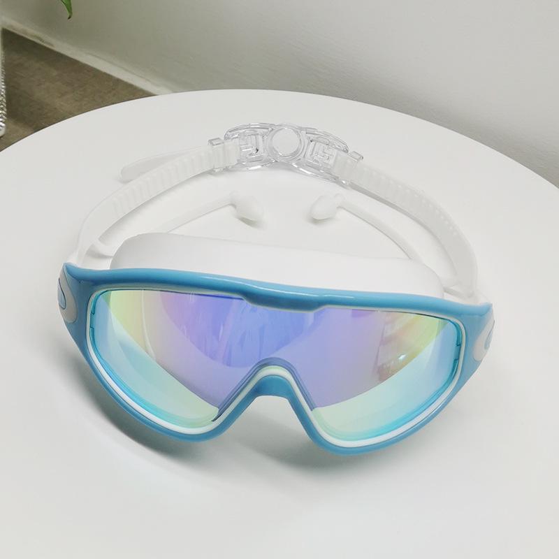 Large Frame Plated Waterproof Anti-Fog Swimming Goggles with One-Piece Earplugs for Men and Women