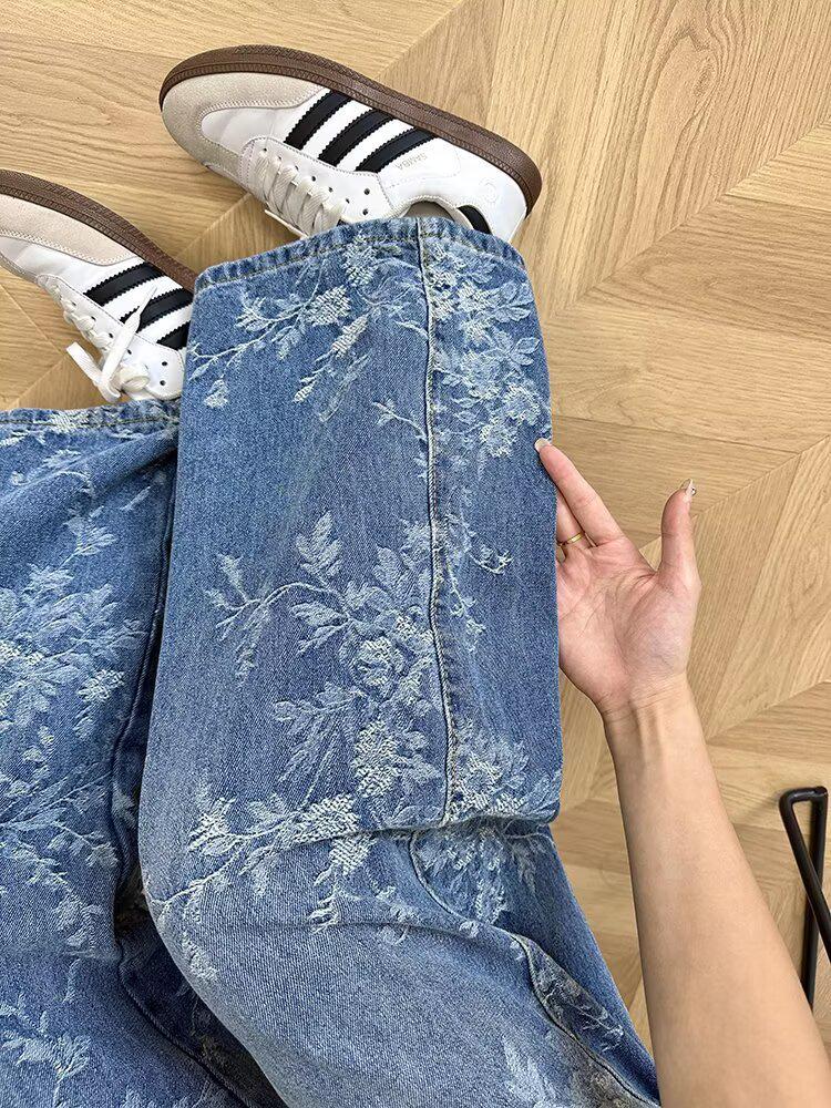 Dámské podzimní široké džíny s žakárovou výšivkou - Volný střih, délka až na zem pro postavu hrušky