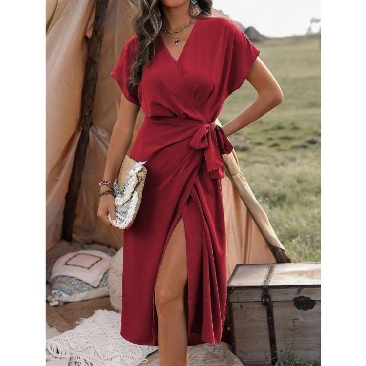 

Solid Color Summer Women Fashion Lace Up Wrap Dress with Forged Slit Design S