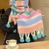 Dopamine Mohair Student Scarf Women's Autumn and Winter Trend Rainbow Striped Scarf Fur Ball To Keep Warm
