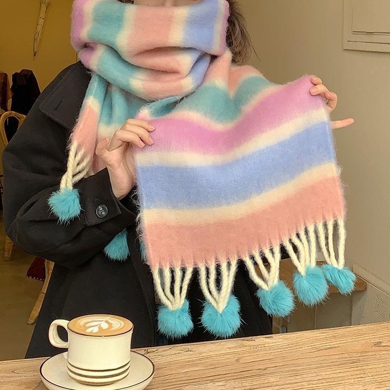 Dopamine Mohair Student Scarf Women's Autumn and Winter Trend Rainbow Striped Scarf Fur Ball To Keep Warm