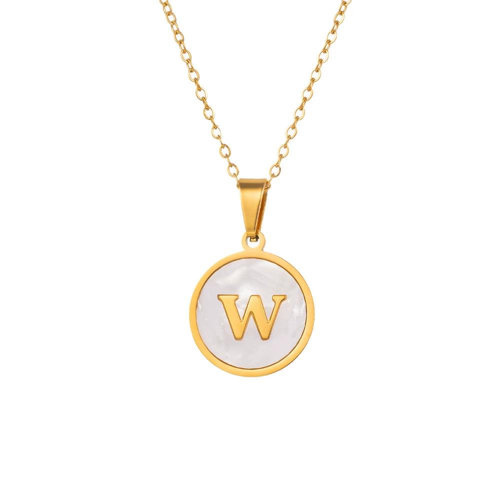 Round Gold Color 26 Letter Necklaces Alphabet Shell Pendant Necklace for Women Men Stainless Steel Chain Jewelry 1PC