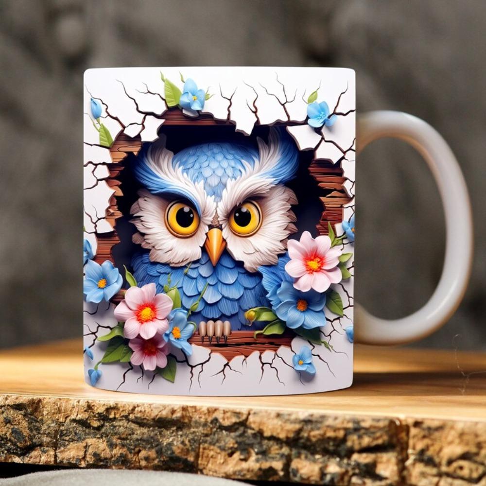 3D Owl, Ceramic Coffee Mug, Tea Cup, New Hole Wall, Cute Hole Wall