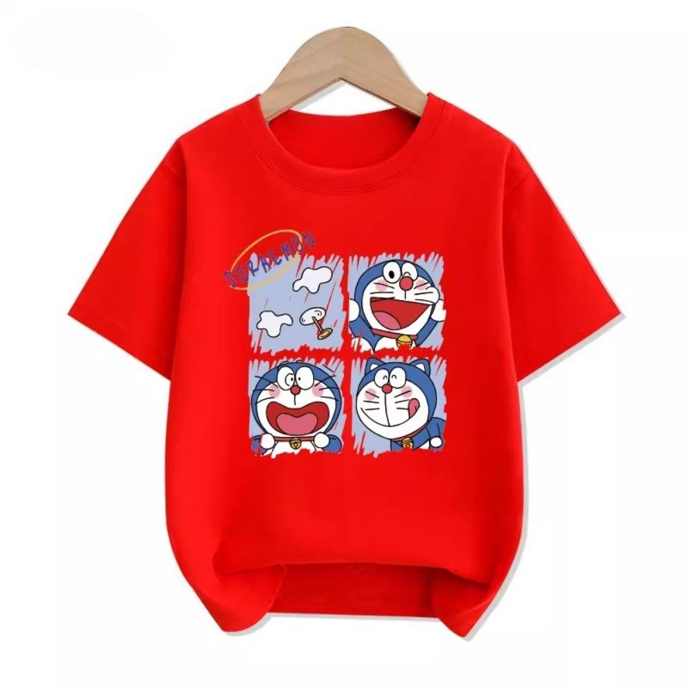 Potdemiel Summer New Doraemon Print Children's Pure Cotton T-Shirt, Boys and Girls Comfortable and Breathable Children's T-Shirt