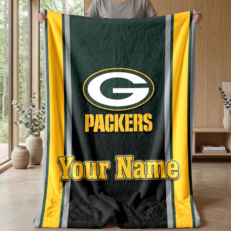 Green Bay Packers Custom Flannel Throw Blanket Print Your Name Text Soft Warm Blanket Holiday Present