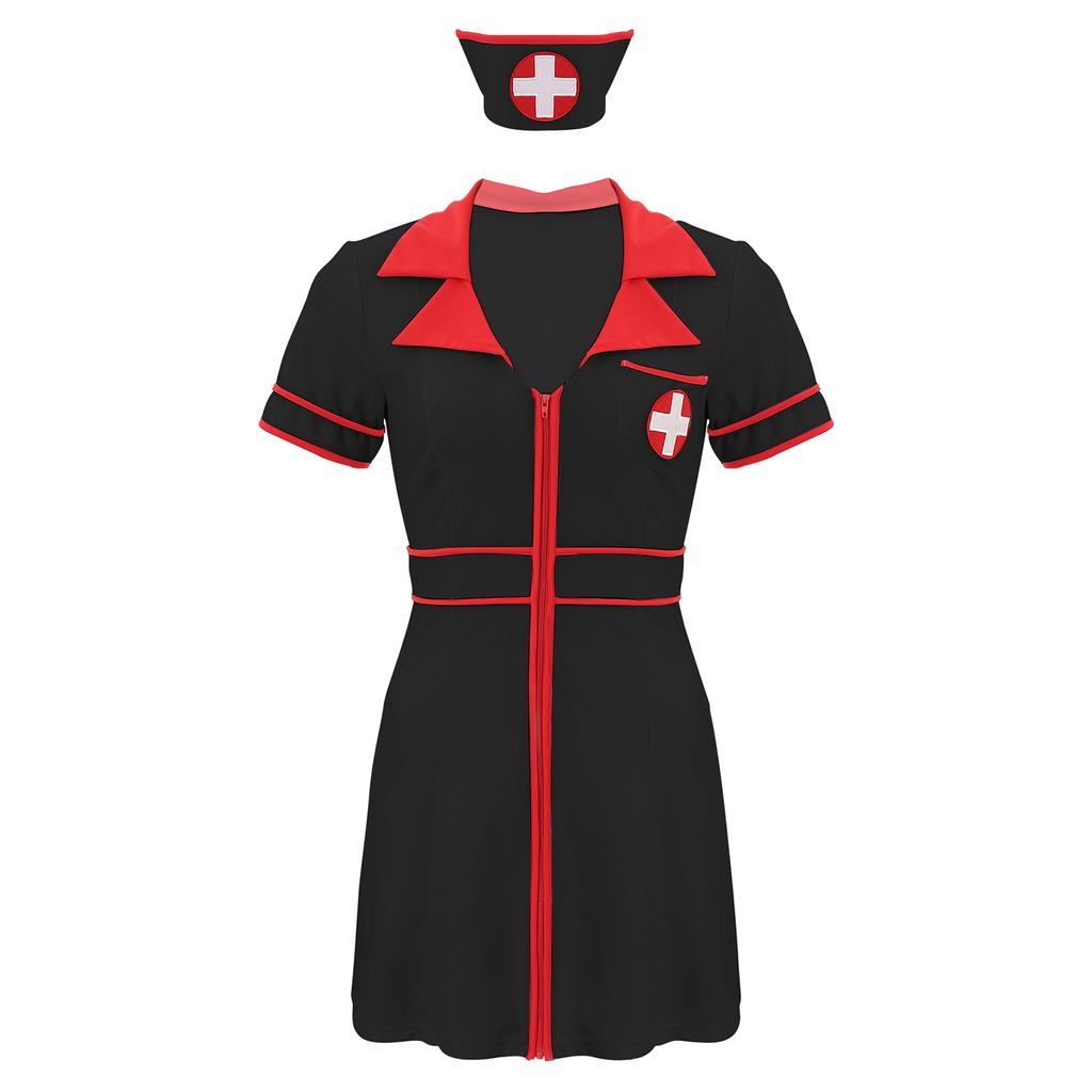 Womens Nurse Dress and Hat Costume Set Short Sleeve Front Zipper Cross Patch Dress with Headwear