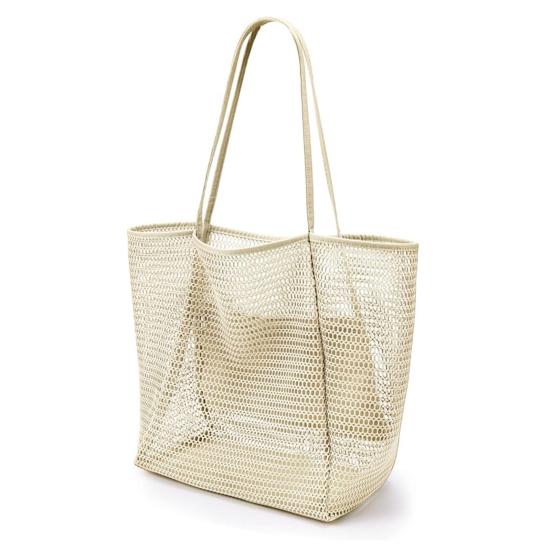 Women Beach Shoulder Bag Hollow Out See-through Mesh Large with Inner Pocket Shopping Capacity Foldable Commute School