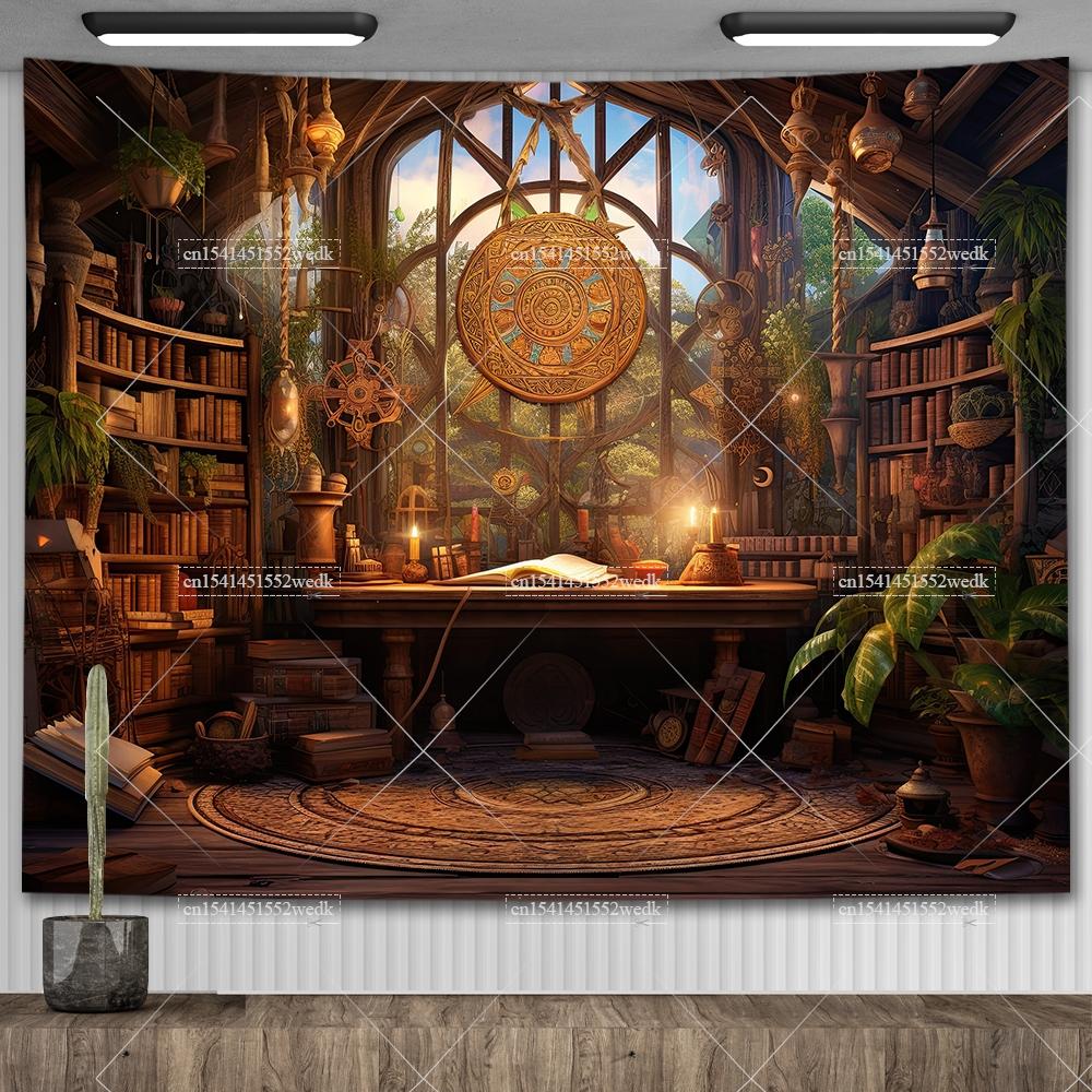 Witch's Library Staircase Tapestry Magic Bookshelf Tapestry Wall Hanging Altar Cloth Aesthetic Room Decor Book Shelves Backdrops