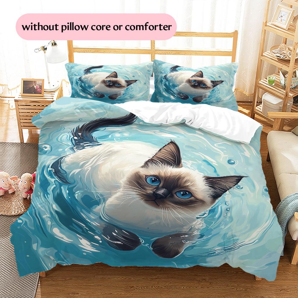 Cat with Water Ripple Pattern Pattern Bedding Quilt Set  Home Decoration  Gift (1 * duvet cover + 2 * pillowcase  without core)