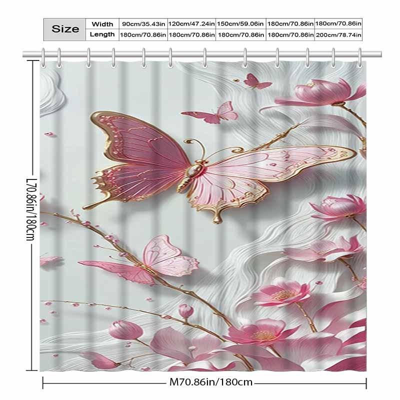 1Pc Pink Butterfly & Floral Shower Curtain - 3D Relief, Water-Resistant Polyester, Artistic Design, 12 Hooks, Machine Washable