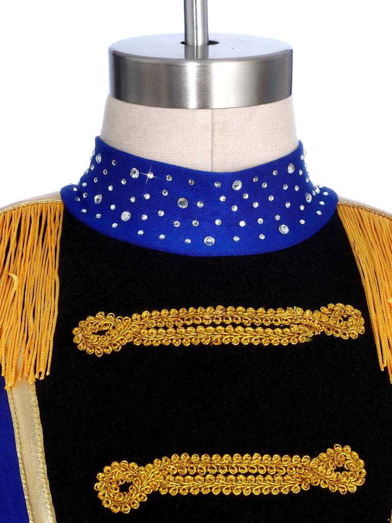 Children‘s Circus Themed Leotard Sparkly Rhinestones Long Sleeve Tassel Shoulder Pads Contrast Color Bodysuit for Stage Performance