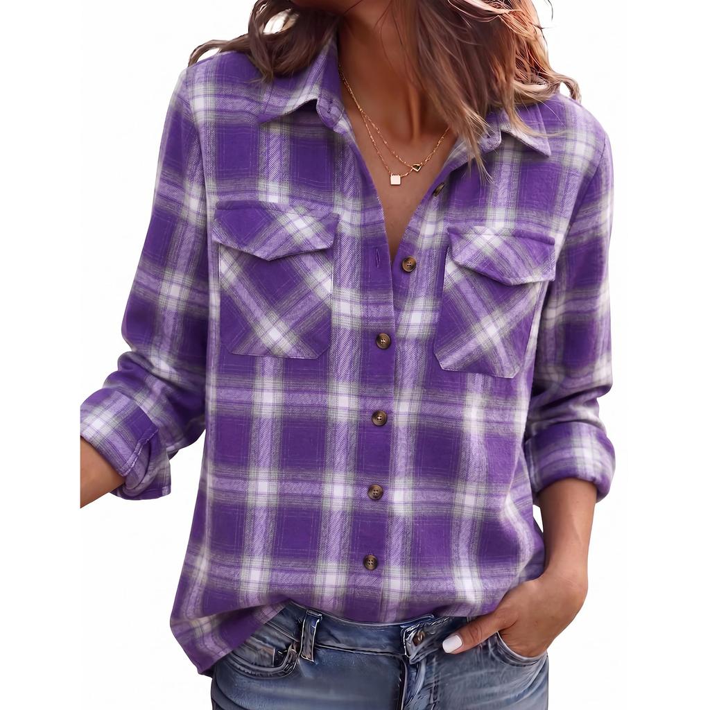 Giacca Camicia Casual da Donna a Quadri con Maniche Lunghe e Collo a Revers