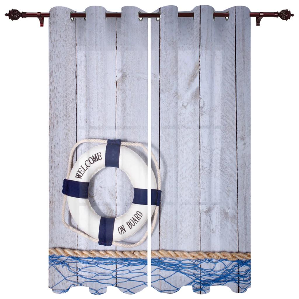 Retro Rettungsring Fischernetz Planken Vorhänge für Schlafzimmer Wohnzimmer Vorhänge Küche Kinderzimmer Fenster Vorhang Heimdekor