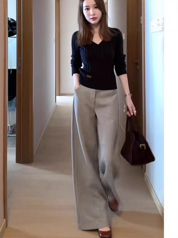 Damen Graue High-Waist Fleecegefütterte Weitbein-Hose – Frühling/Herbst Lässig & Warm