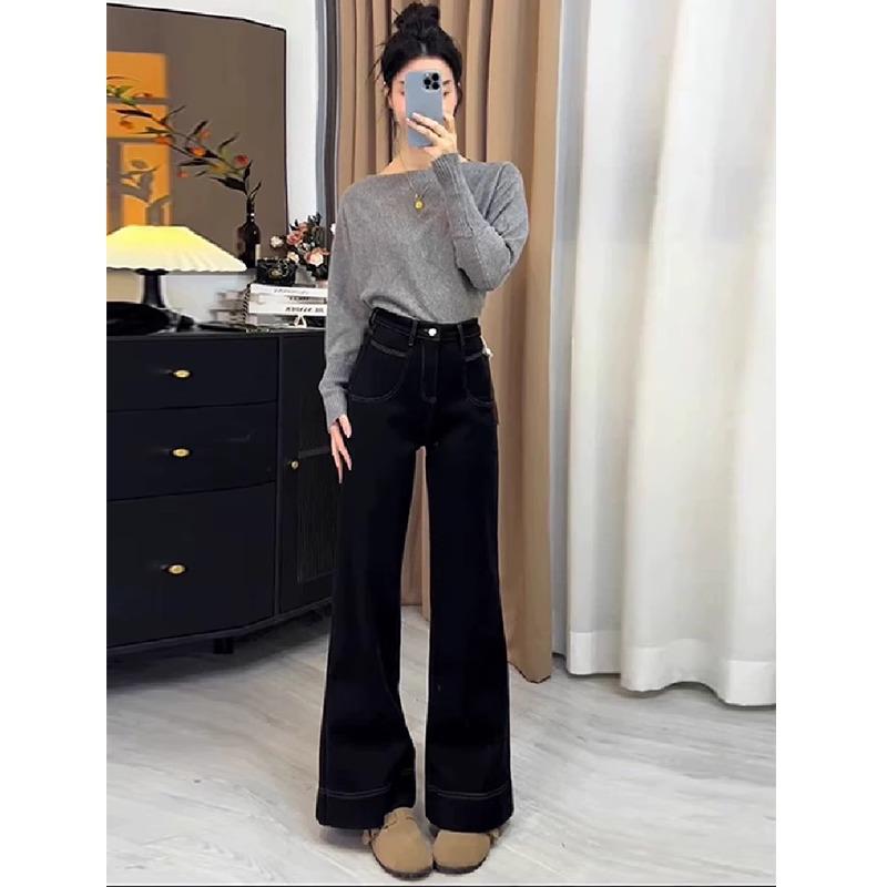Women's Black High Waist Micro Flare Jeans for Spring/Autumn - Slimming, Loose Fit, Pear-Shaped Body, Straight Wide Leg