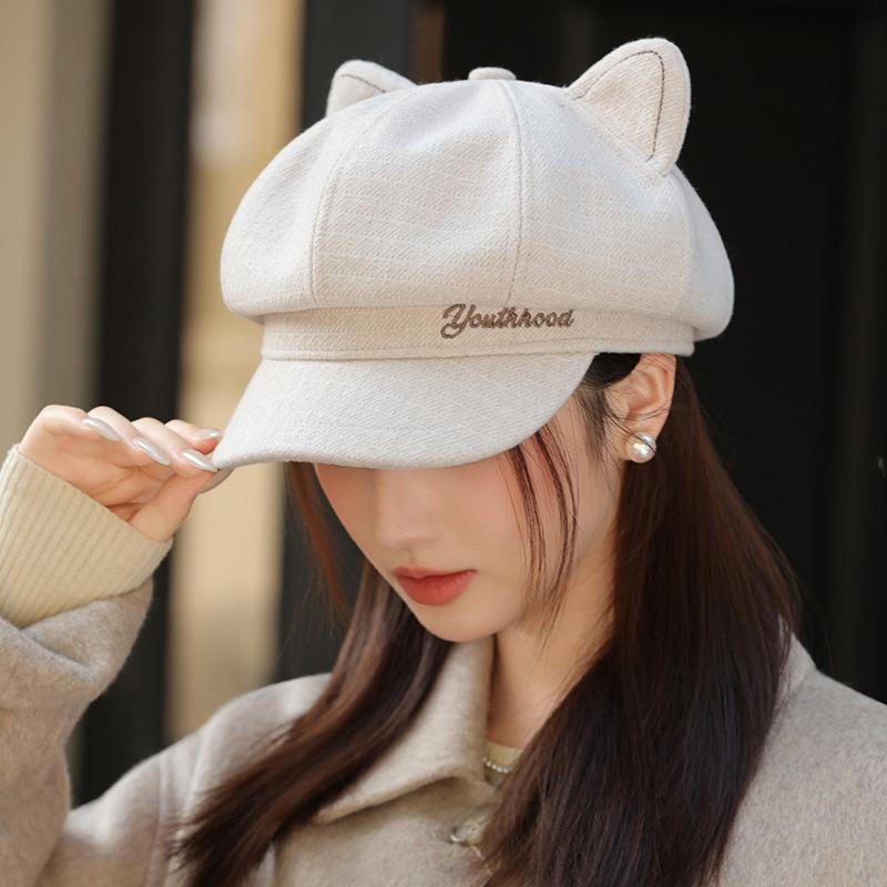 Retro Octagonal Hat with Big Head and Face In Autumn and Winter Small Beret Versatile Cat Ears and Baseball Cap