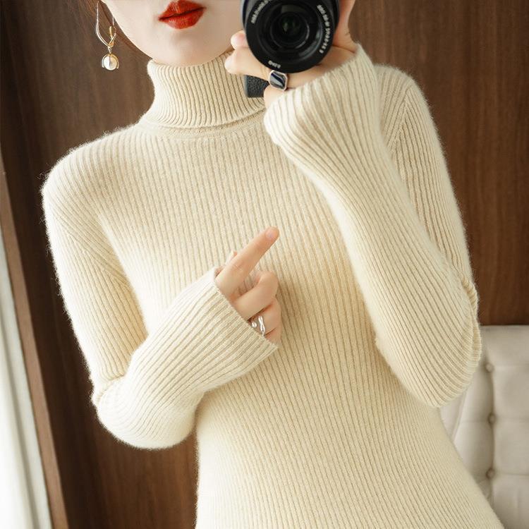 Women's Autumn Winter High Neck Slim-Fit Ribbed Knit Base Layer Sweater for Office Wear