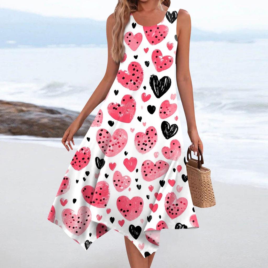 Lässiges, modisches Damen-Midikleid mit Rundhalsausschnitt, ärmellosem Aufdruck und unregelmäßigem Saum